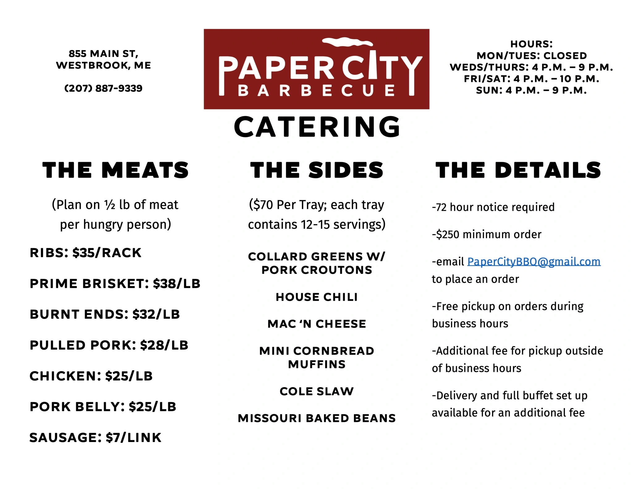 Paper City BBQ Catering Menu